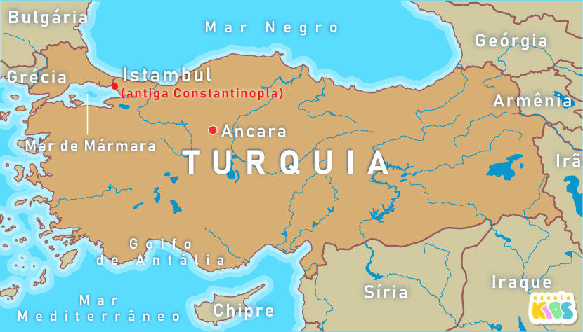 Mapa da Turquia em texto sobre a Queda de Constantinopla.