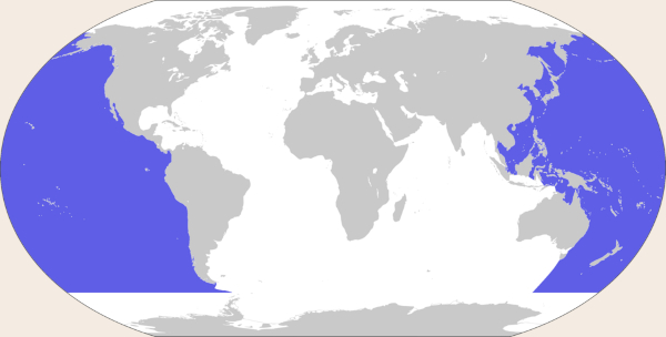 Planisfério com marcação em azul da área do Oceano Pacífico.