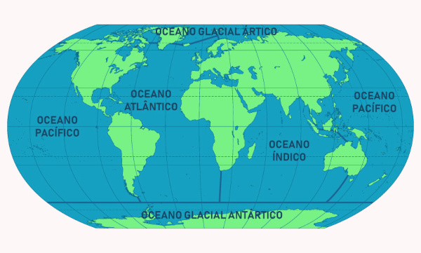 Mapa-múndi com os cinco oceanos.