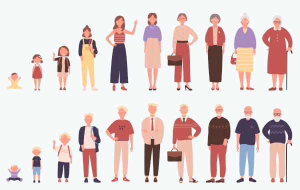 Sequência de ilustrações de homem e mulher em diferentes fases da vida.