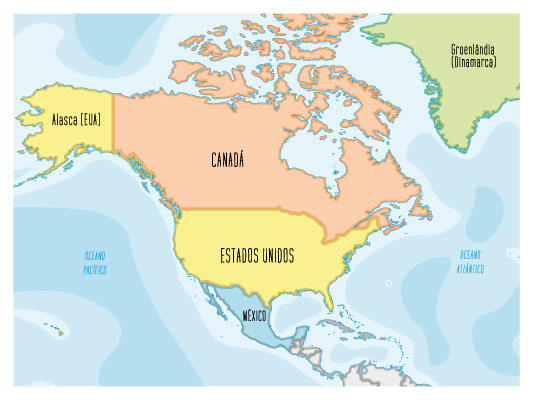 Mapa dos países da América do Norte.