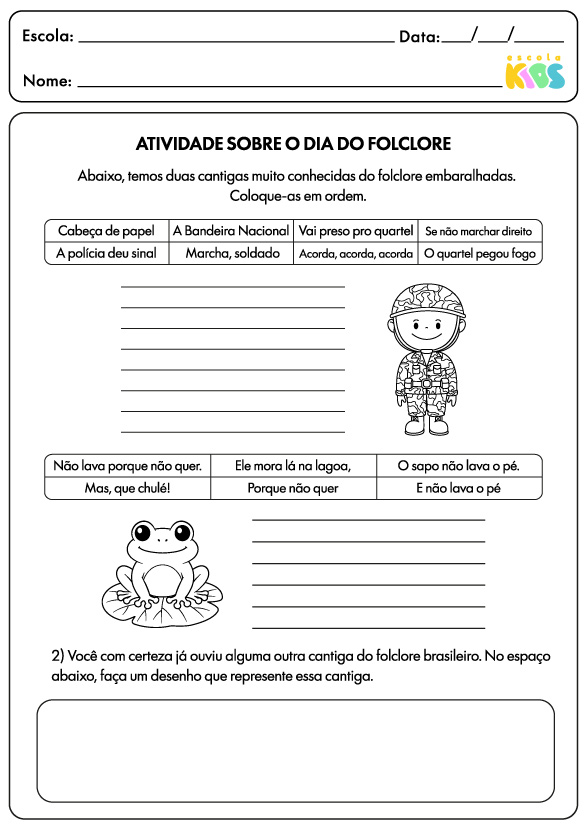 Atividade para o Dia do Folclore com cantigas de roda do folclore brasileiro.