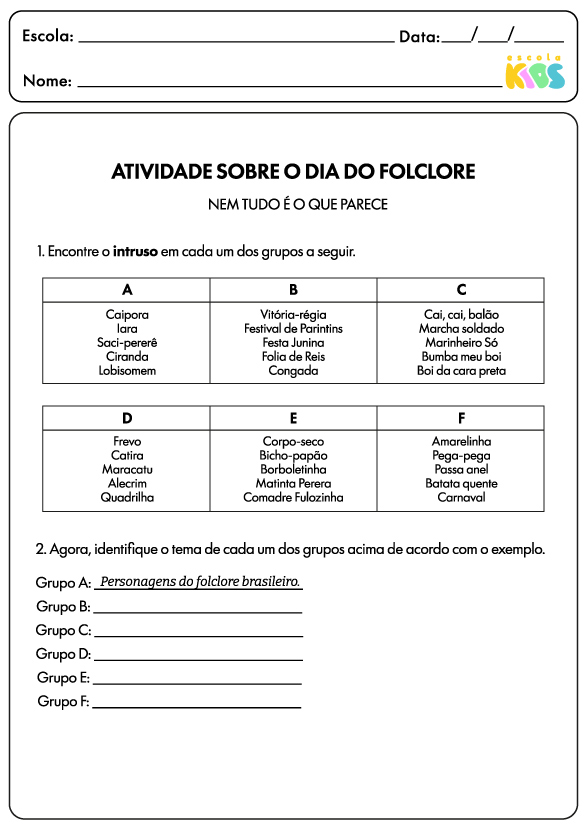 Atividade para o Dia do Folclore com nomes de personagens, cantigas, lendas e festas do folclore brasileiro.