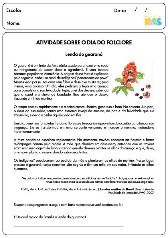  Atividade para o Dia do Folclore com perguntas sobre folclore brasileiro.