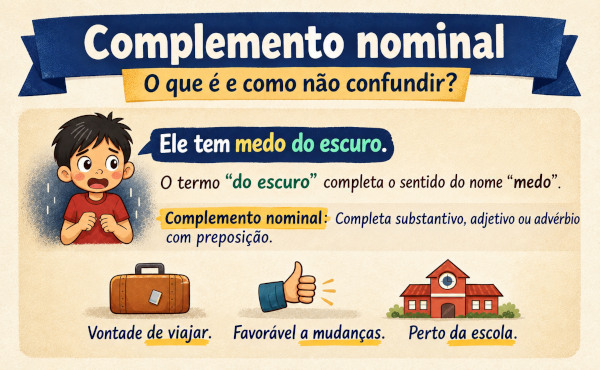 Imagem explicando o que é complemento nominal e mostrando exemplos.