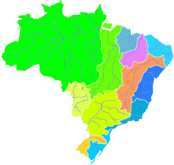 Mapa das bacias hidrográficas brasileiras, mostrando a hidrografia do Brasil.