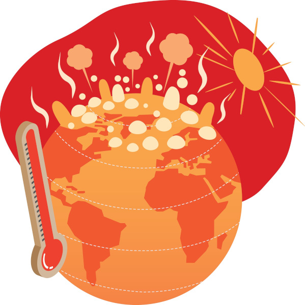 Ilustração do planeta Terra fervendo e termômetro marcando alta temperatura, em alusão à ebulição global.