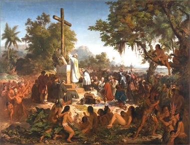 Acima, quadro do pintor Victor Meirelles retratando a primeira missa realizada no Brasil
