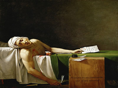 Tela A Morte de Marat, de Jacques-Louis David (1748-1825), retratando a morte do Amigo do Povo