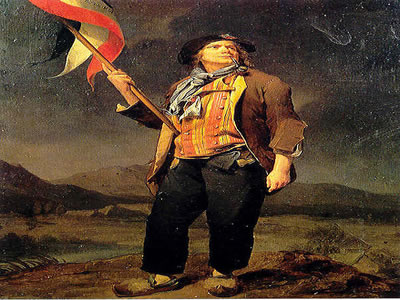 Representação de um sans-culotte, feita por Louis-Léopold Boilly (1761-1845), com a bandeira tricolor da República Francesa