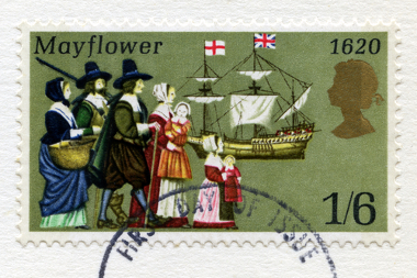 Selo com imagem do navio Mayflower e de seus tripulantes *